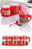 NACTUMU Kırmızı 3'lü Kapaklı Kaşıklı Cam Baharatlık Takımı, Hava Sızdırmaz Standlı thumbnail 1