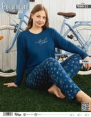 Pijamoni Kadın Milan Büyük Beden Bisiklet Yaka Uzun Kol İnce Pijama Takımı 7666/22 - 1 Adet  4XL Mavi thumbnail 2
