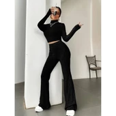 Lucky Life Kadın Uzun Kollu Balıkçı Yaka Krop Ve Pantolon şardonlu Kaşkorse Ikili Takım thumbnail 8