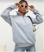 Unisex Uzun Kol Yarım Farmuarlı Yakalı Basic SweatShirt - Gri thumbnail 2