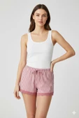Çizgili Penye Kadın Ev Şortu Bacak Dantel Detaylı Ev Giyim Fuşya - 1