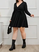 Kadın Uzun Kollu Kruvaze Yaka Kuşak Detay Salaş şardonlu Kaşkorse Mini Elbise thumbnail 4