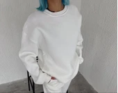 Kışlık Bisiklet Yaka Üç İplik Basic SweatShirt - Beyaz thumbnail 2