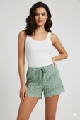 Düz Renk Mini Çiçek Desenli Penye Kadın Ev Şortu Bacak Dantel Detaylı Ev Giyim Yeşil - 2