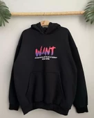 Baskılı Üç İplik Kapüşonlu Oversize Sweatshirt - Siyah thumbnail 3