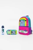 Gökkuşağı Desenli Üçlü İlkokul Çantası Seti(İlkokul Sırt Çantası, Çift Gözlü Kalem Kutusu, Matara Mavi) thumbnail 1