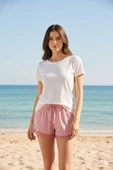 Çizgili Penye Kadın Ev Şortu Bacak Dantel Detaylı Ev Giyim Fuşya - 5