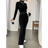 Lucky Life Kadın Uzun Kollu Balıkçı Yaka Krop Ve Pantolon şardonlu Kaşkorse Ikili Takım thumbnail 2