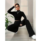 Lucky Life Kadın Uzun Kollu Balıkçı Yaka Krop Ve Pantolon şardonlu Kaşkorse Ikili Takım thumbnail 9