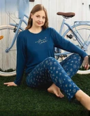 Pijamoni Kadın Milan Büyük Beden Bisiklet Yaka Uzun Kol İnce Pijama Takımı 7666/22 - 1 Adet  4XL Mavi thumbnail 1