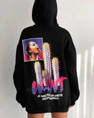 Baskılı Üç İplik Kapüşonlu Oversize Sweatshirt - Siyah thumbnail 2