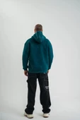 Unisex Uzun Kol Kapşonlu Yıkamalı Nakışlı SweatShirt - Koyu Deniz Yeşili thumbnail 4