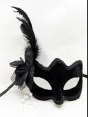 Siyah Renk Yandan Tüylü Beyaz İncili Süet Kaplama A Kalite Lüks Parti Maskesi 20x23 Cm thumbnail 2