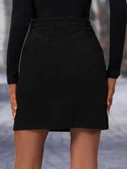 Kadın Yüksek Belli Etek Ucu Asimetrik Yırtmaç Detay Kadife Mini Etek thumbnail 3