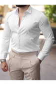 Süper Slim Fit (Dar Kalıp ) Gizli Düğmeli Pamuk Saten Gömlek - 12