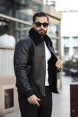 Kürk Yaka Ribanalı Deri Ceket - Kürklü Şık Model - 1