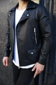 Yeni Sezon Slim Fit Biker Deri Ceket - 1