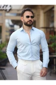 Süper Slim Fit (Dar Kalıp ) Gizli Düğmeli Pamuk Saten Gömlek - 4