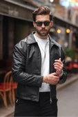 Erkek Yeni Sezon Premium Çift Fermuarlı Oversize Deri Ceket - 3