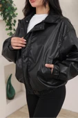 Yeni Sezon Kadın Baharlık Bomber Balon Kol Oversize Deri Ceket - 7