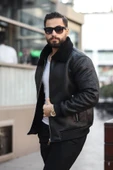 Kürk Yaka Ribanalı Deri Ceket - Kürklü Şık Model - 2