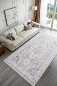 Pastel Home Eskitme gri bej şönil halı kilim yolluk kendinden saçaklı madalyon desen yıkanabilir kaymaz taban thumbnail 2