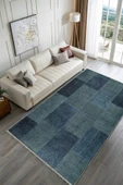 Pastel Home Mavi Denim Patchwork Tasarım Şönil Halı Kilim Yolluk Kaymaz Saçaklı Yıkanabilir Genç Odası Mutfak - 2