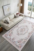 Pastel Home Eskitme çiçekli bej krem şönil halı kendinden saçaklı yıkanabilir salon mutfak koridor kaymaz taban thumbnail 2