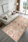 Pastel Home Tasarım Bej Klasik Çiçekli Şönil Halı Kilim Yolluk Kaymaz Saçaklı Yıkanabilir Salon Mutfak Koridor thumbnail 2