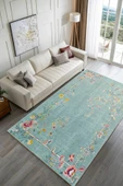 Pastel Home Kaşmir doku yumuşak kaymaz pamuk taban oturma odası salon mutfak koridor çiçekli yeşil halı kilim thumbnail 2