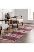 Pastel Home Etnik Desenli Pembe Bej Çok Renkli Şönil Halı Kilim Yolluk Kaymaz Yıkanabilir Mutfak Koridor Salon - 7