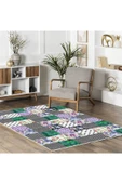 Pastel Home Gri Yeşil Çiçekli Patchwork Şönil Halı Kilim Yolluk Kaymaz Yıkanabilir Mutfak Koridor Oturma Odası - 5
