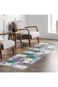 Pastel Home Gri Yeşil Çiçekli Patchwork Şönil Halı Kilim Yolluk Kaymaz Yıkanabilir Mutfak Koridor Oturma Odası - 7