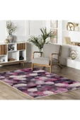 Pastel Home Geometrik Mor Pembe Şönil Halı Kilim Yolluk Yıkanabilir Kaymaz Salon Mutfak Oturma Odası Koridor - 4