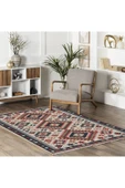 Pastel Home Bej Kırmızı Lacivert Anadolu Kilim Şönil Halı Yolluk Kaymaz Yıkanabilir Mutfak Koridor Salon - 5