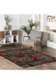 Pastel Home Vintage Bordo Yeşil Patchwork Şönil Halı Kilim Yolluk Kaymaz Yıkanabilir Saçaklı Mutfak Salon - 5