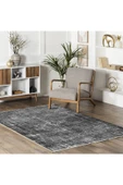 Pastel Home Siyah Antrasit Gri Vintage Şönil Halı Kilim Yolluk Yıkanabilir Kaymaz Kendinden Saçaklı - 5
