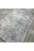Pastel Home Tasarım Çift Taraflı Yıkanabilir Şönil Halı Kilim Yolluk Çerçeveli Eskitme Bej Mavi - 5