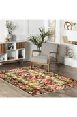 Pastel Home Etnik Çiçekli Karabağ Desenli Şönil Halı Kilim Kaymaz Pamuk Taban Kendinden Saçaklı Yıkanabilir - 5