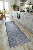 Pastel Home Eskitme mavi etnik desenli şönil kendinden saçaklı halı kilim yolluk yıkanabilir kaymaz taban thumbnail 6