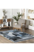 Pastel Home Modern Geometrik Şönil Halı Kilim Yolluk Mavi Gri Siyah Kaymaz Taban Yıkanabilir Saçaklı thumbnail 5