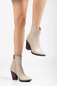 117 Bej Kovboy Dikiş Detaylı Fermuarlı  Yüksek Topuklu Günlük Kadın Bot thumbnail 2