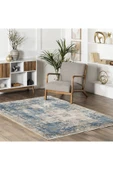 Pastel Home Tasarım Çift Taraflı Yıkanabilir Şönil Halı Kilim Yolluk Eskitme Çerçeveli Mavi - 6