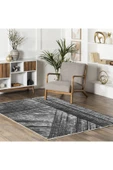 Pastel Home Modern Çizgili Siyah Gri Şönil Halı Kilim Yolluk Kaymaz Yıkanabilir Kendinden Saçaklı thumbnail 5