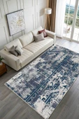 Pastel Home Lacivert Gri Tasarım Şönil Halı Kilim Yolluk Kaymaz Yıkanabilir Saçaklı Oturma Odası Mutfak Koridor thumbnail 2