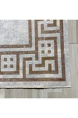 Pastel Home Kahverengi Çerçeveli Vizon Gri Şönil Halı Kilim Yolluk Yıkanabilir Kaymaz Saçaklı Mutfak Koridor - 2