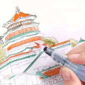 Fırça uçlu, brush pen, sulu boya, su ve mürekkep hazneli, boyama kalem mavi-S beden thumbnail 3