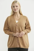 V Yaka Salaş Düğmeli Triko Hırka - Karamel thumbnail 3