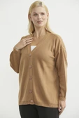 V Yaka Salaş Düğmeli Triko Hırka - Karamel thumbnail 4