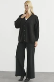 V Yaka Salaş Düğmeli Triko Hırka - Siyah - 4